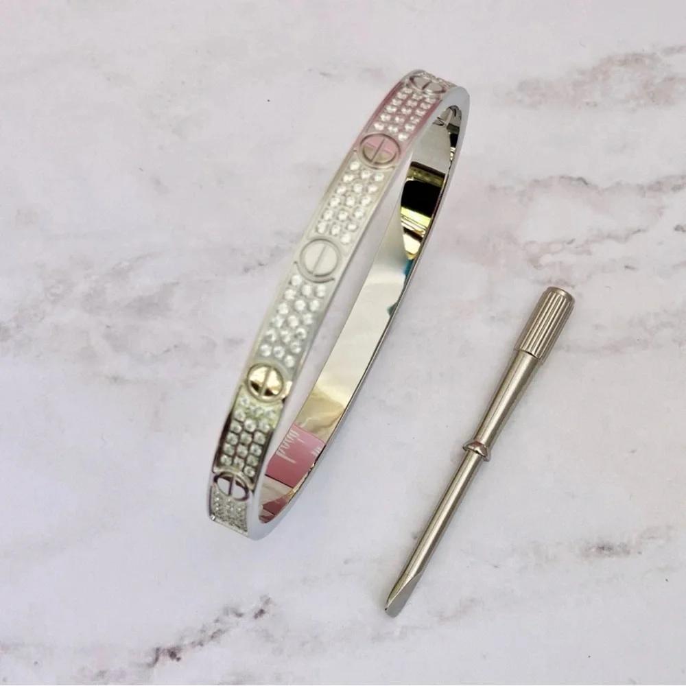 Pave Diamond Stainless Steel Screw Bangle Bracelet with Screwdriver
